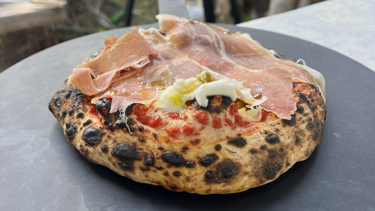 Prosciutto Pizza with Burrata and Olive Tapenade