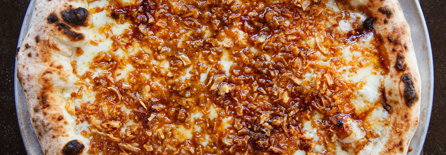 Marmite, Hot Honey & Crispy Onion Pizza recipe poster image
