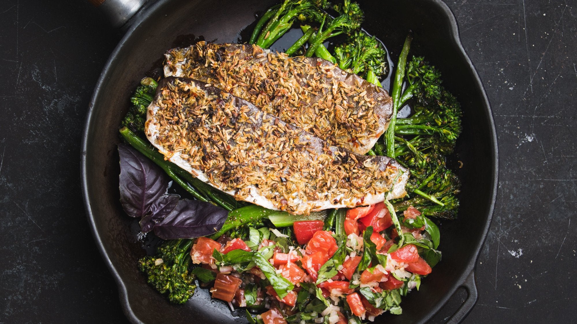 Spiced Trout with Roasted Broccoli and Tomato Dressing