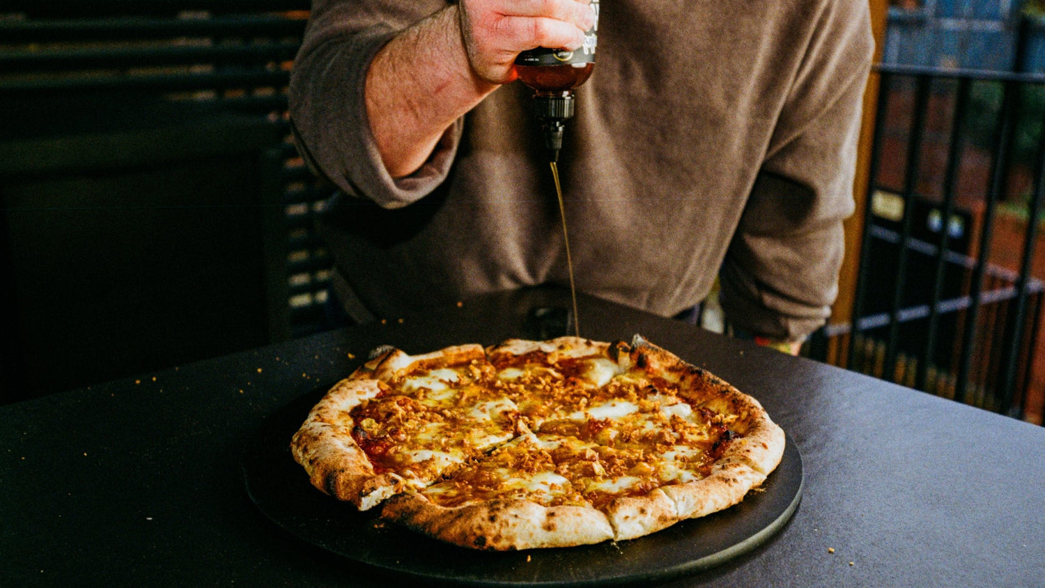 Marmite, Hot Honey & Crispy Onion Pizza recipe poster image