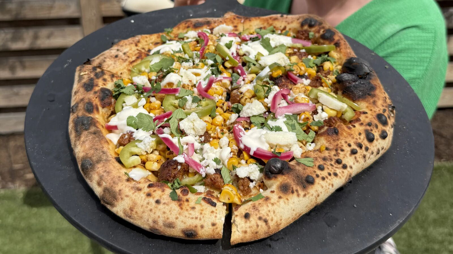 Street Corn Pizza on a Server