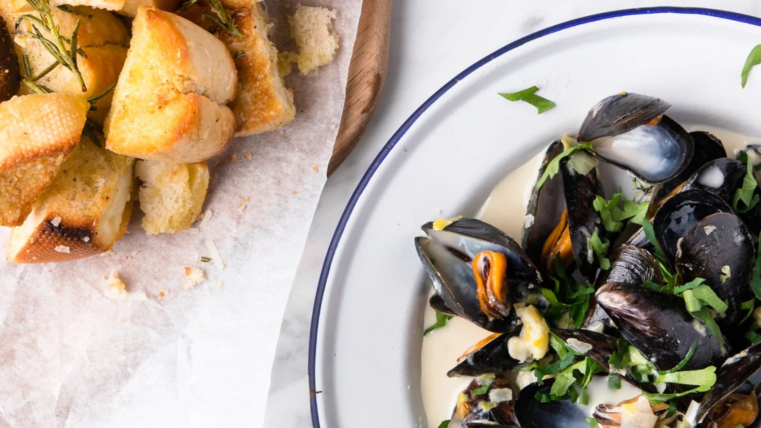 Wood Fired Mussels with Parmesan Bread Bites recipe poster image